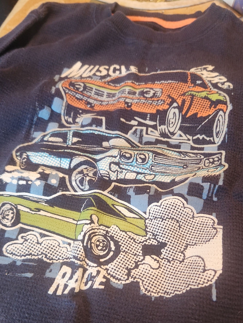 Boys Navy Muscle Cars Graphic Sweatshirt - Blue, Orange, Green
